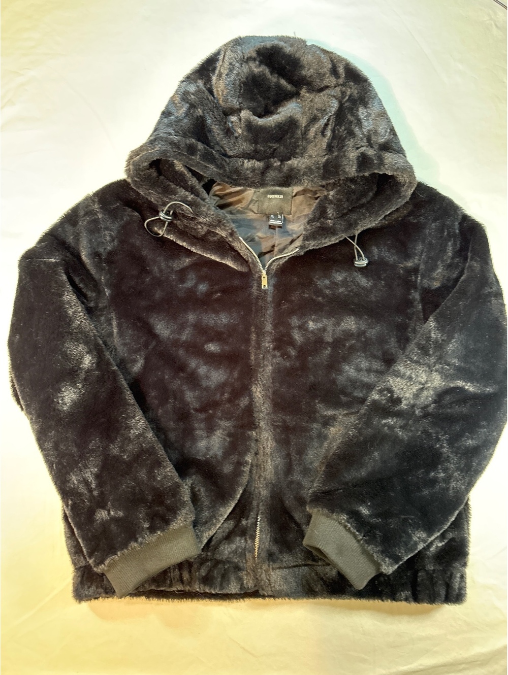 Forever 21 Black Faux Fur Hooded Jacket Full Zip Plush Coat